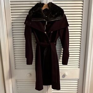 French Connection Women Faux Fur Collar Wool Coat with Bib - XS - Plum